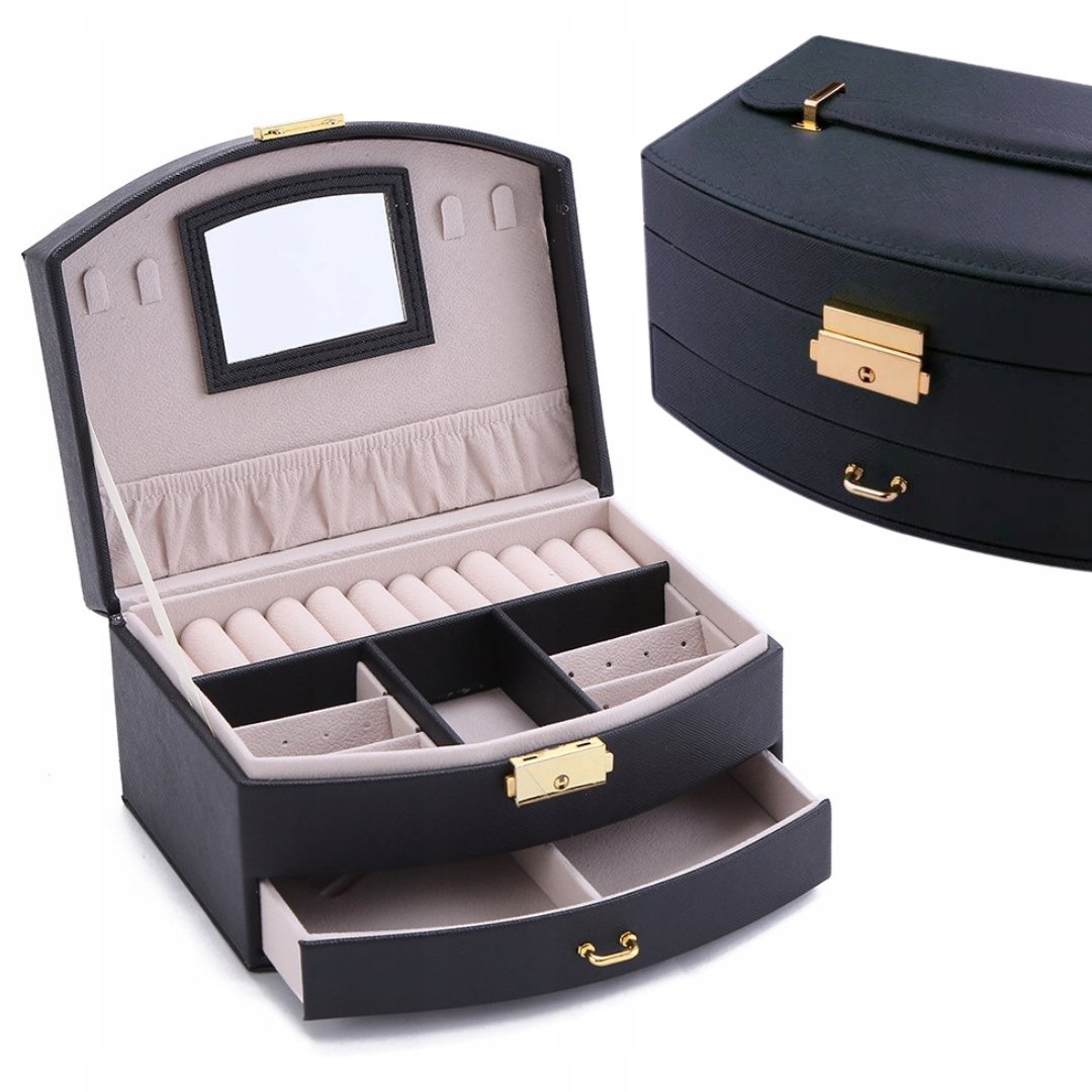 SZKATUŁKA NA BIŻUTERIĘ KUFEREK EKOSKÓRA ELEGANCKI ORGANIZER CZARNY F41