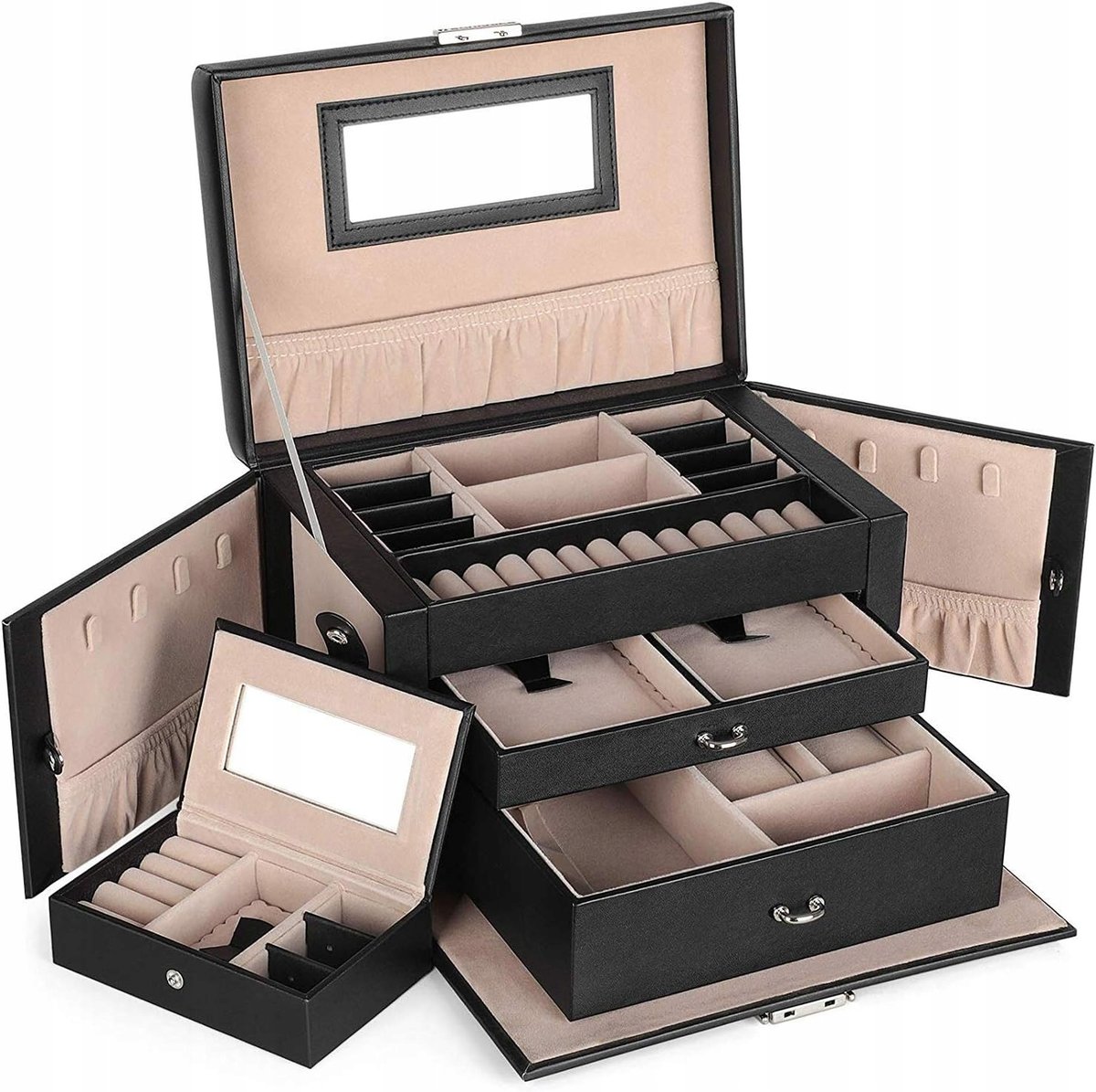 SZKATUŁKA NA BIŻUTERIĘ 3 SZUFLADKI CZARNA KUFEREK PUDEŁKO ORGANIZER BOX