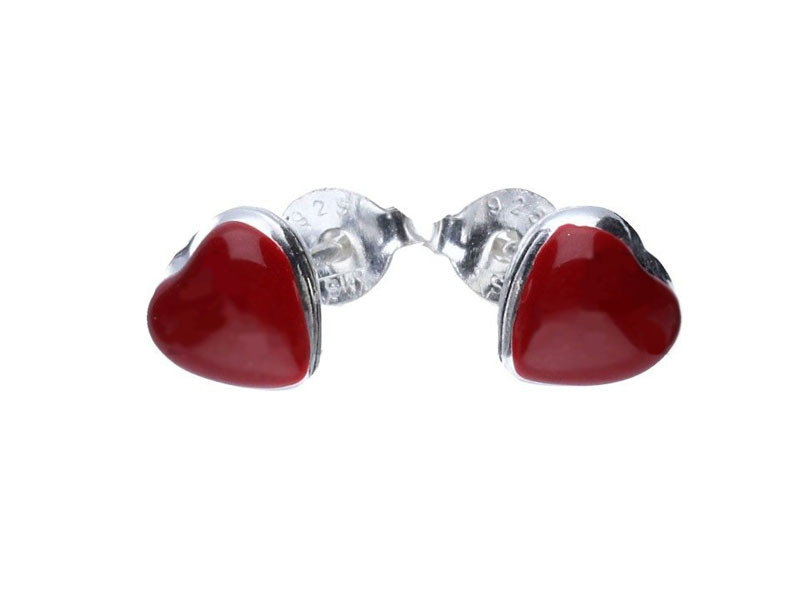 Srebrne kolczyki 925 emaliowane czerwone serduszka na sztyfcie