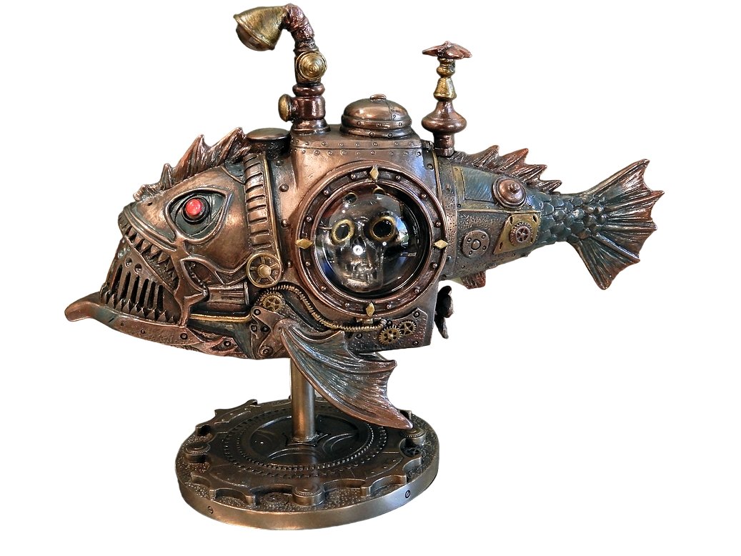 FASCYNUJĄCA FIGURKA ŁÓDŹ PODWODNA MECHANICZNA RYBA GŁĘBINOWA STEAMPUNK 21 CM