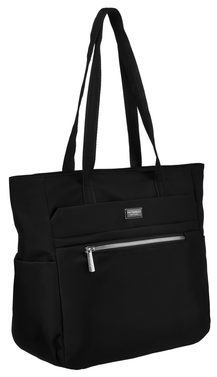 Duża miejska torebka damska na ramię shopper bag na suwak czarna pojemna mieści a4 kieszonki PETERSON