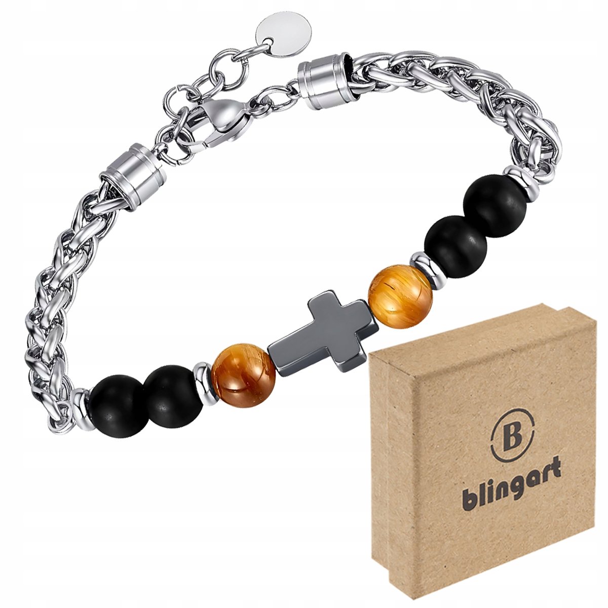 BLINGART Bransoletka męska KRZYŻ KAMIEŃ TYGRYSIE OKO ONYKS SPIGA STAL