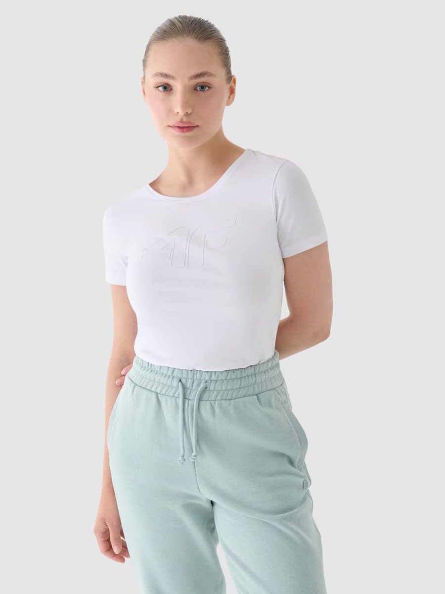 T-shirt slim z nadrukiem damski 4F 4FWMM00TTSHF1846-10S Biały