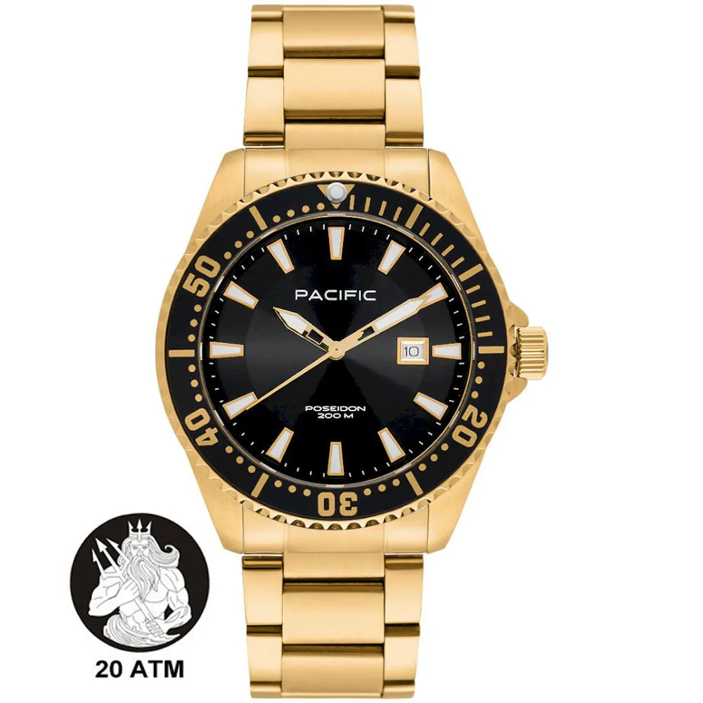 Pacific Poseidon SMPB-2001-03 złoty męski zegarek na bransolecie wodoodporny 200M