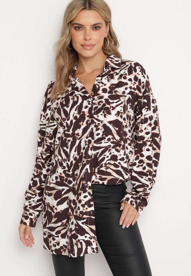 Brązowa Wiskozowa Koszula z Lnem Ozdobiona Geometrycznym Wzorem Emirelae