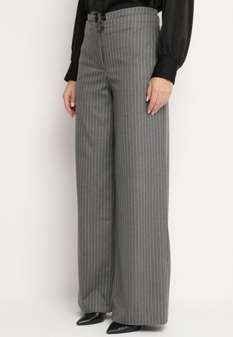 Ciemnoszare Spodnie Garniturowe z Wiskozą z Kieszeniami i Wiązaniem Sevitha