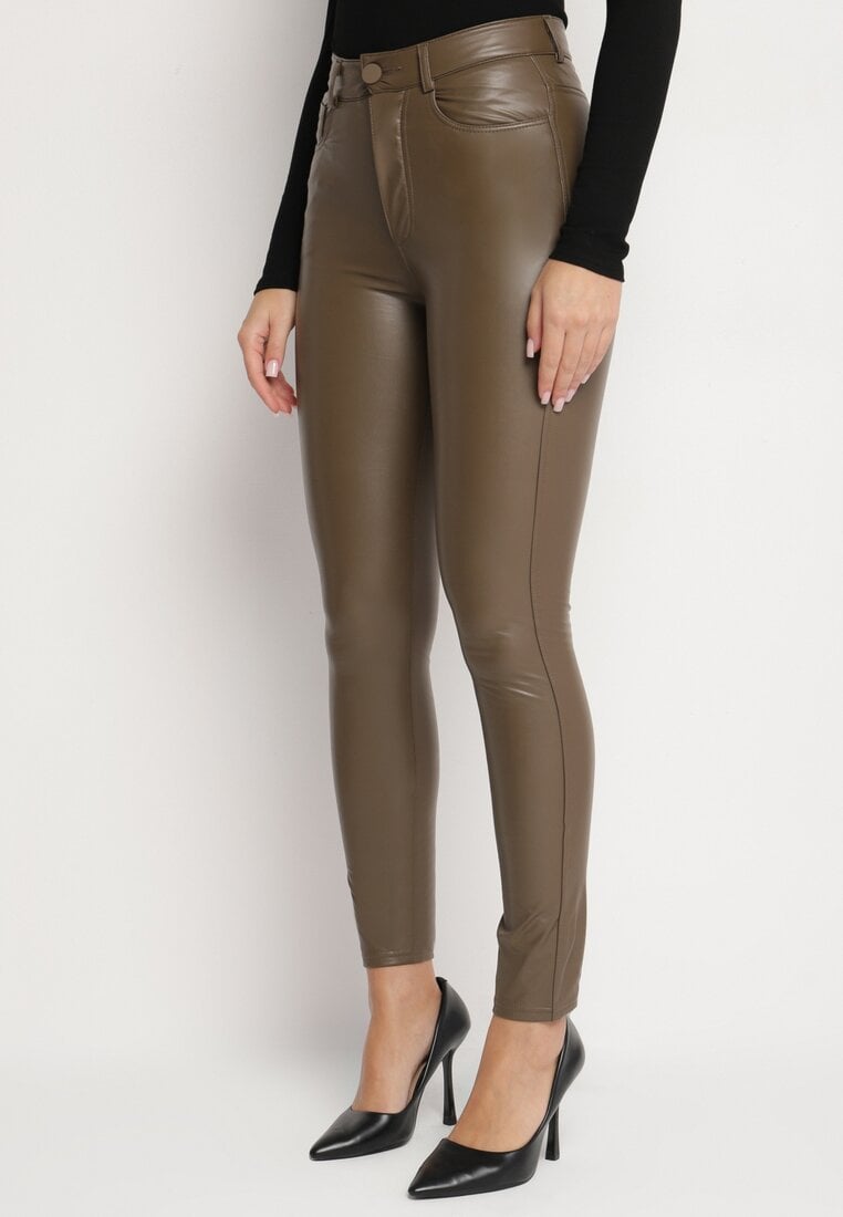 Brązowe Dopasowane Spodnie z Imitacji Skóry Viremi