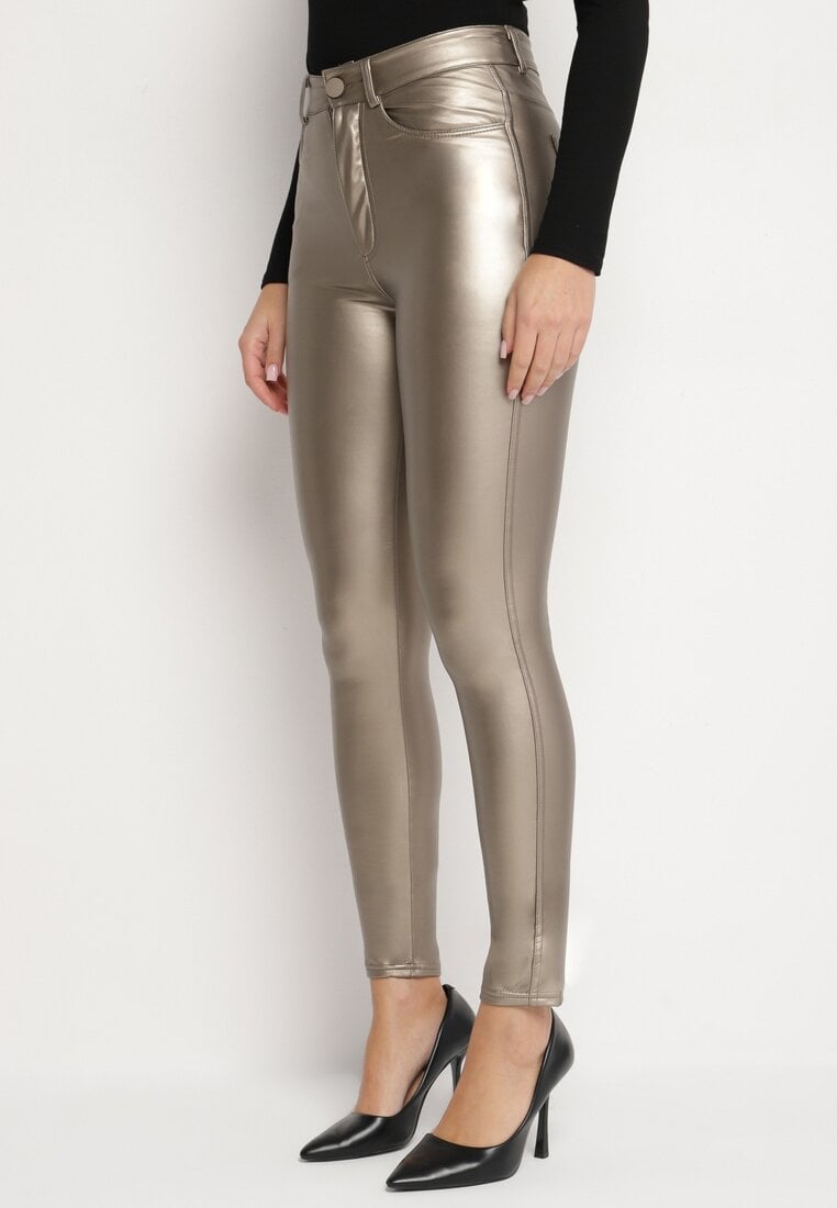 Złote Dopasowane Spodnie z Imitacji Skóry Viremi