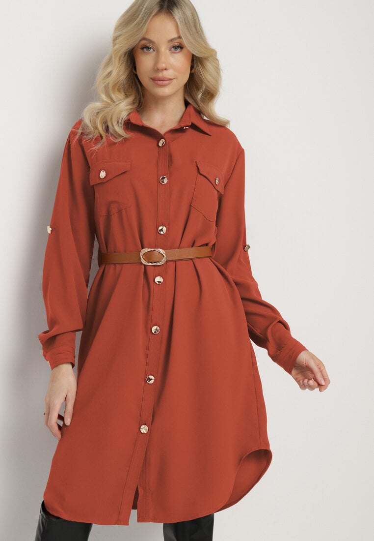 Brązowa Sukienka Koszulowa z Regulowanymi Rękawami i Paskiem w Talii Esarivia