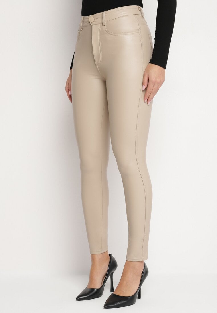 Beżowe Dopasowane Spodnie z Imitacji Skóry Viremi