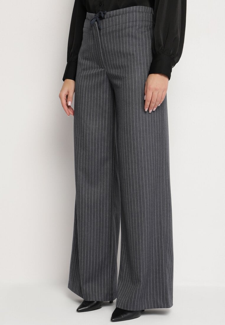 Ciemnoszare Spodnie Garniturowe z Wiskozą z Kieszeniami i Wiązaniem Sevitha