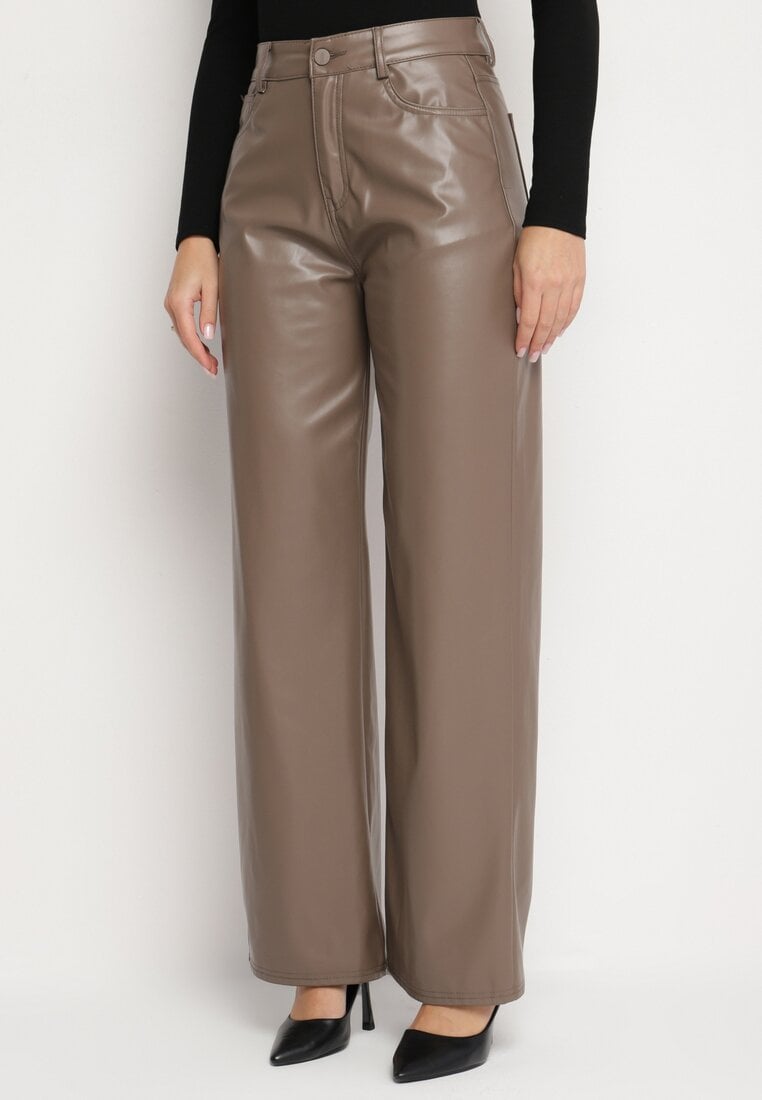 Beżowe Spodnie o Szerokim Kroju z Wysokim Stanem z Ekoskóry Enadria