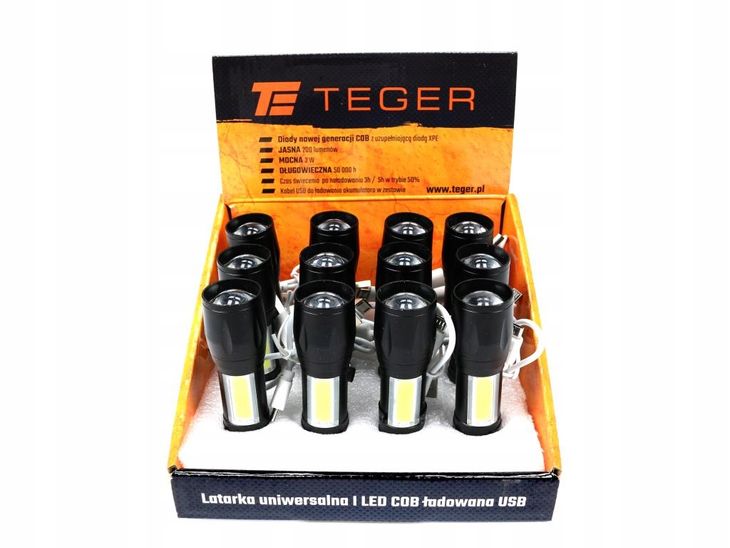 Latarka uniwersalna LED COB 200 lm ładowana USB sprzedawana po 12 szt w kar
