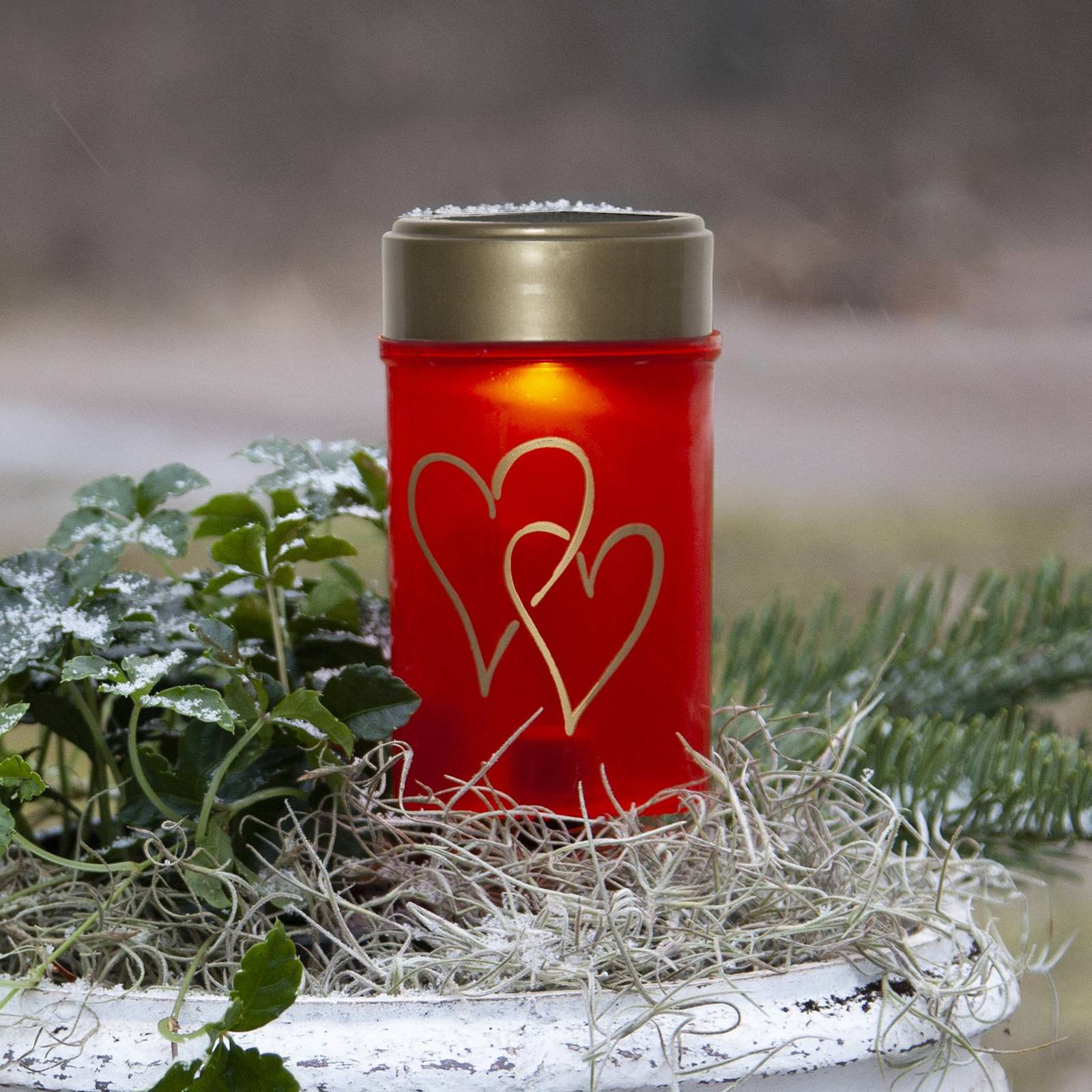 STAR TRADING Lampa z grotem ziemnym LED Hearty, czerwono-złota, 12 cm, plastikowa