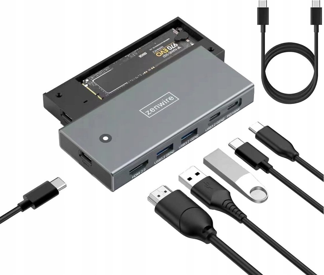HUB USB Zenwire HUB Obudowa Kieszeń dysk SSD M2 NVME Pcie SATA NGFF USB-C 3.2 HDMI 2.0 Adapter M.2 10GBps Power Delivery 100W Zenwire MC501