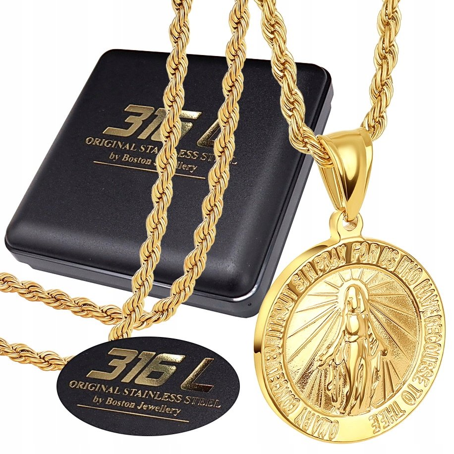 ZŁOTY ŁAŃCUSZEK Z MEDALIKIEM Z MARYJĄ MATKĄ BOSKĄ STAL CHIRURGICZNA 316L