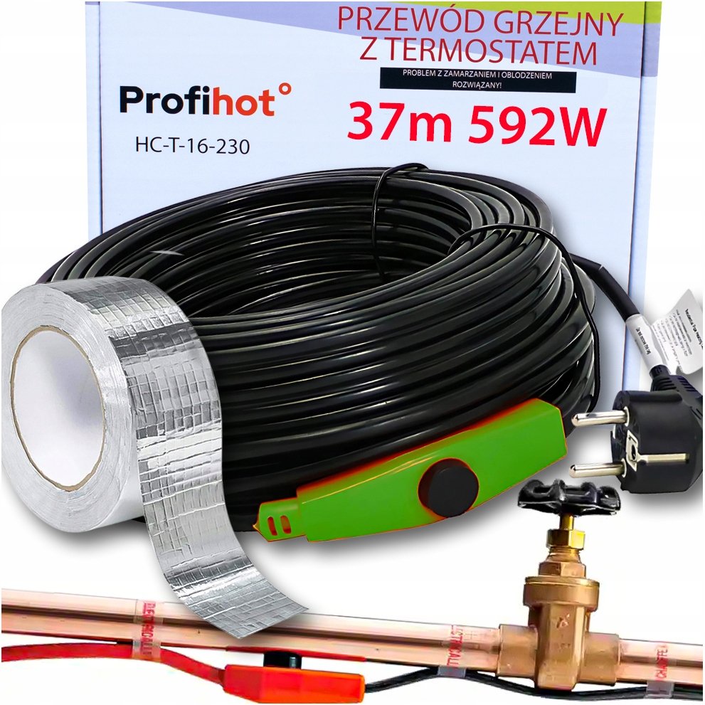 KABEL GRZEWCZY PRZEWÓD GRZEJNY Z TERMOSTATEM | TAŚMA W ZESTAWIE | 592W 37M