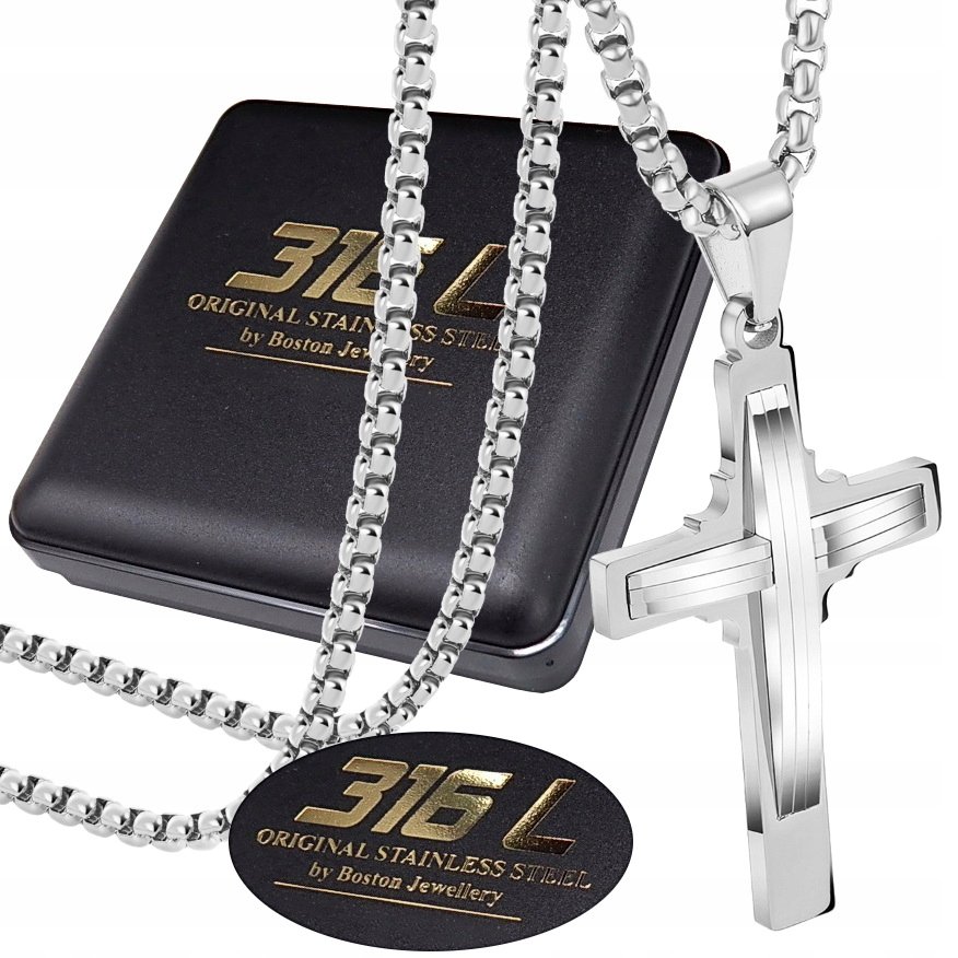 SREBRNY ŁAŃCUSZEK Z KRZYŻYKIEM STAL CHIRURGICZNA 316L 60 cm ORYGINAŁ