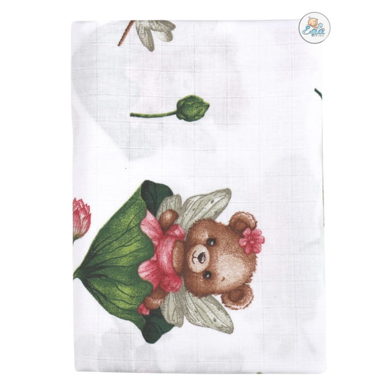 Ega Kids Pieluszka Kocyk Otulacz Muślinowy 120x120 cm Miś Na Kwiatku