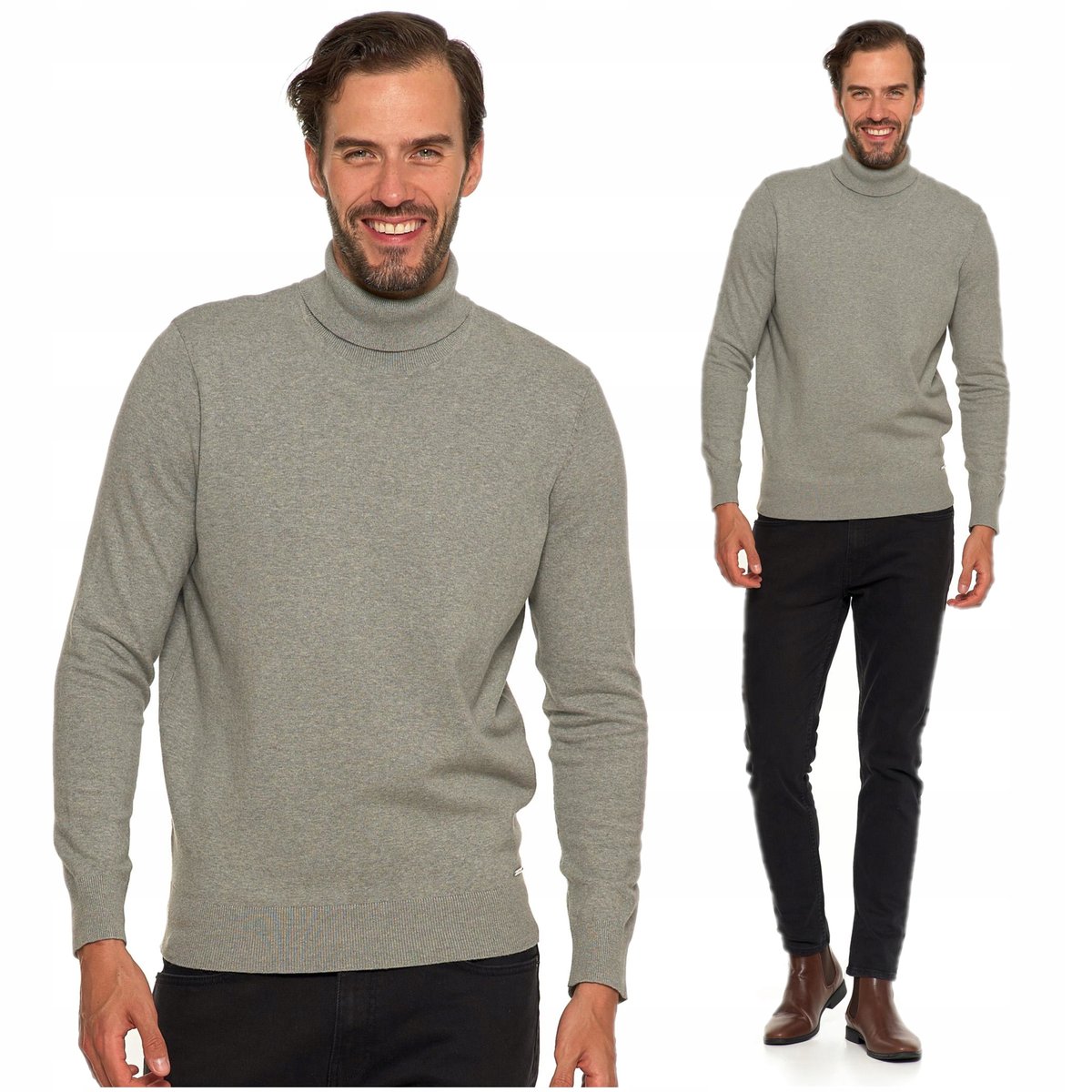 Sweter Męski z Golfem Klasyczny Bawełna Modny Wygodny Szary Golf MORAJ L
