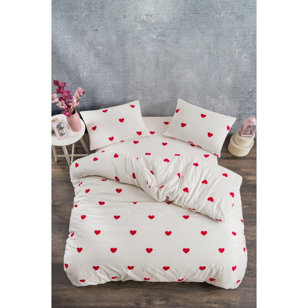 Kremowa pościel dwuosobowa z bawełny renforcé z prześcieradłem 4-częściowa 200x220 cm Mini Hearts – Mila Home