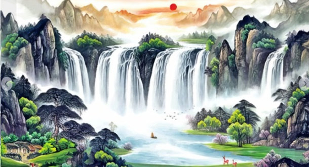 Diamentowa Mozaika 80x40 Wodospad Z Małą Chatką U Podnóża