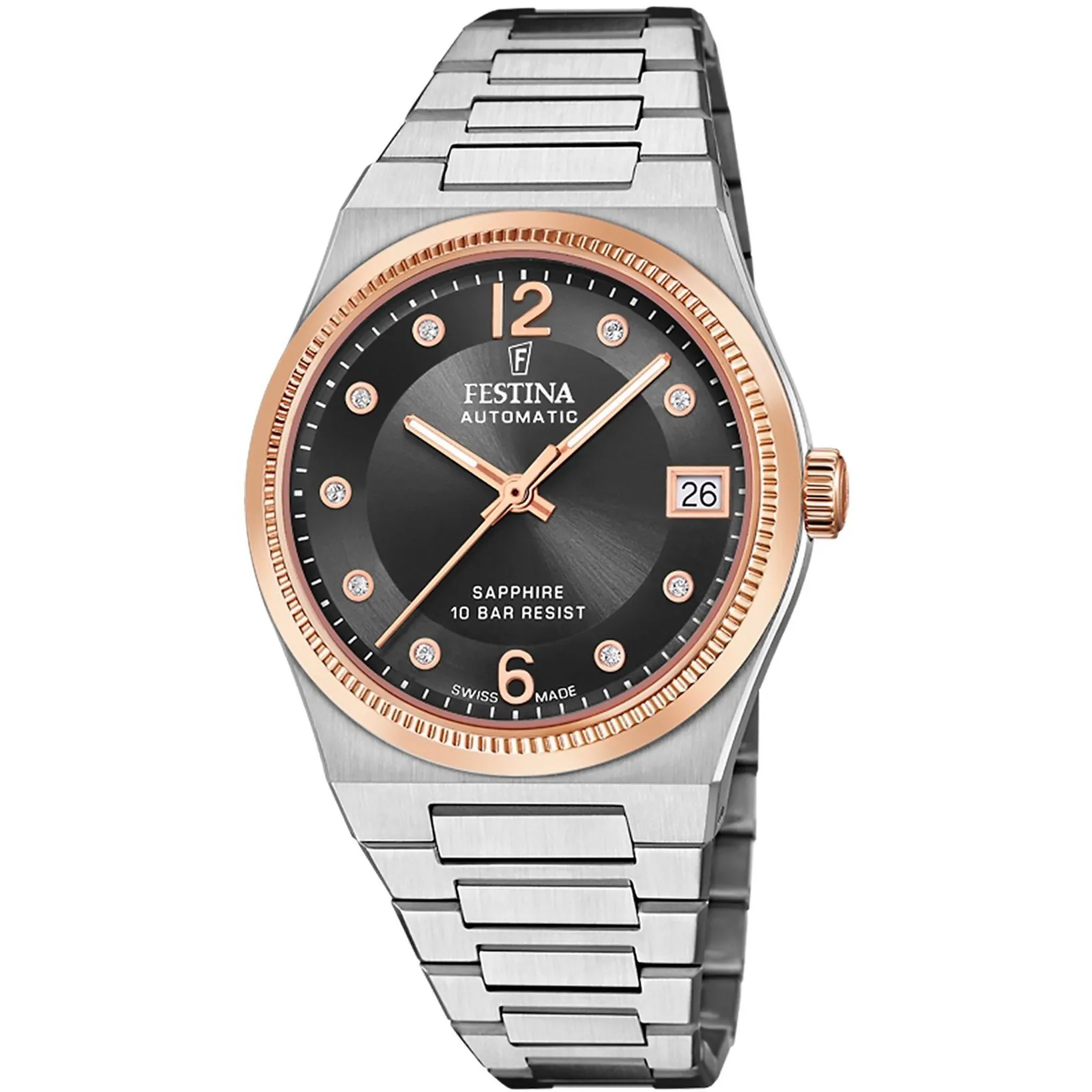 Festina Swiss Made 20031/3 Zegarek Damski Automatyczny z czarną tarczą i różowozłotymi detalami