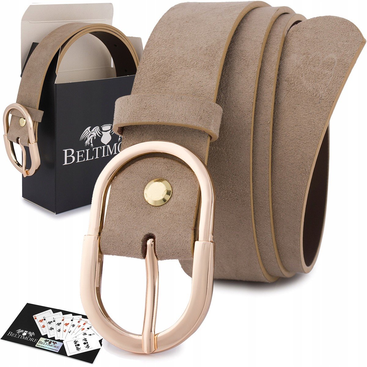 Skórzany pasek damski do spodni sukienki cielisty skóra nat. zamszowa 3 cm Beltimore E53 ecru, kremowy r.110-125 cm