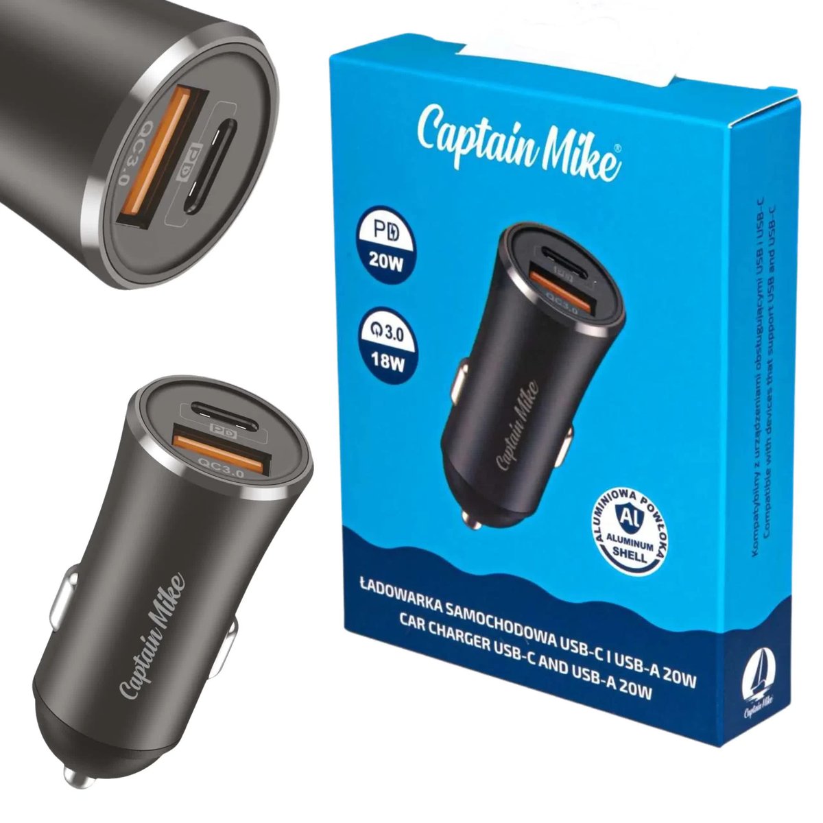 Ładowarka Samochodowa Captain Mike 20W USB-C / USB-A Szybkie Ładowanie