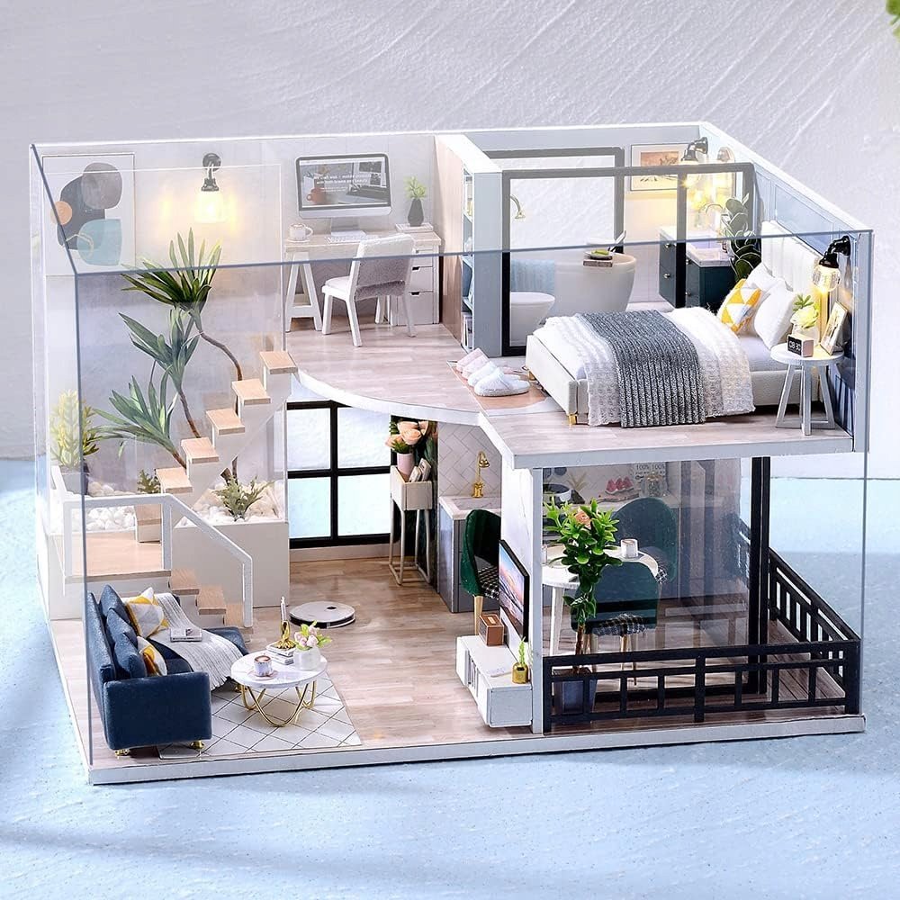 Domek dla Lalek Drewniany LED Piętrowy Retro Model do Złożenia DIY Meble