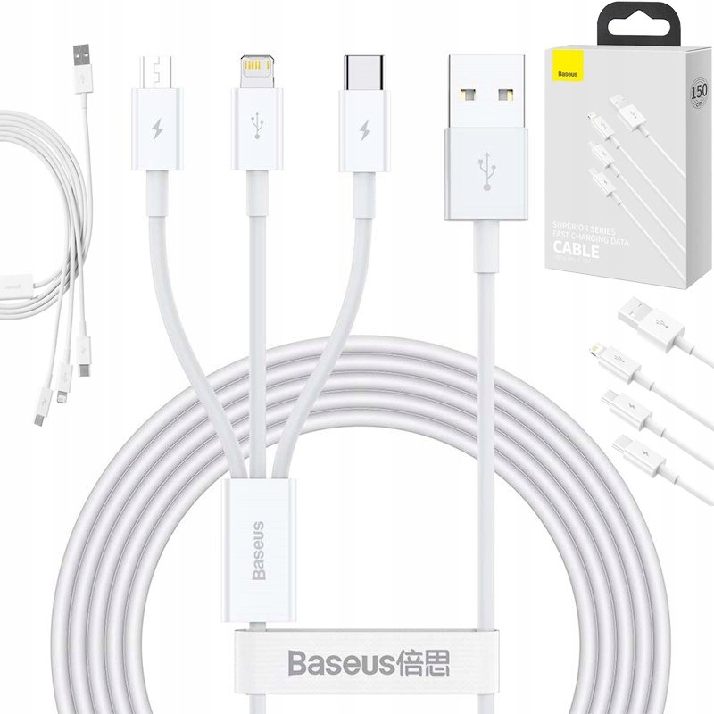 BASEUS SZYBKI KABEL USB / microUSB / USB C / Lightning 3,5A biały