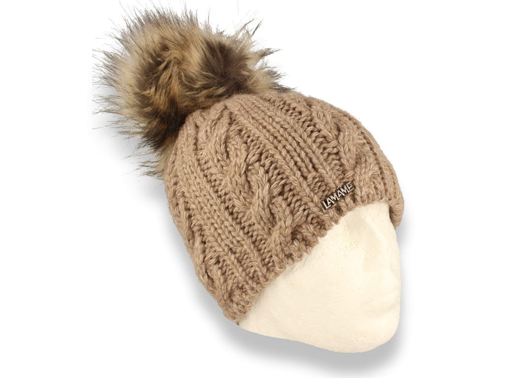 Czapka damska zimowa z pomponem polska produkcja beżowa ocieplana polarem