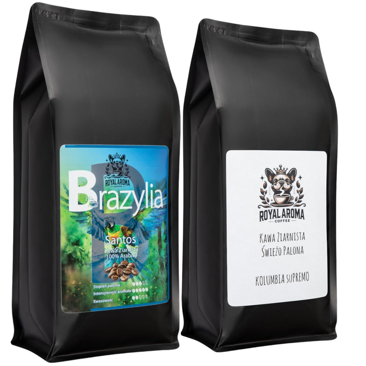 Kawa Ziarnista Brazylia Santos + Kolumbia Supremo 1kg 2 szt. 100% Arabica Świeżo Palona Royal Aroma Coffee