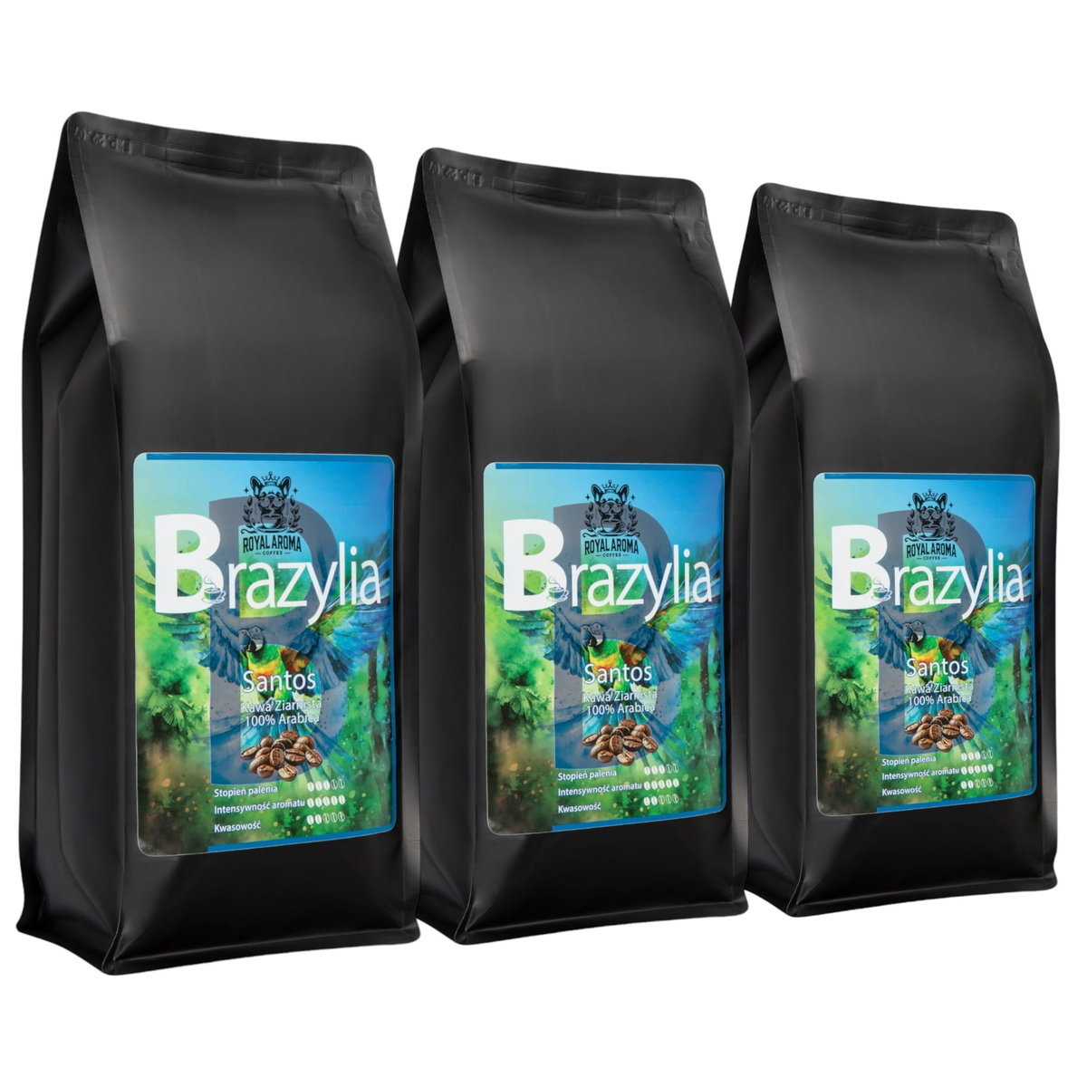 Kawa Ziarnista Brazylia Santos 1kg 3 szt. 100% Arabica Świeżo Palona Royal Aroma Coffee