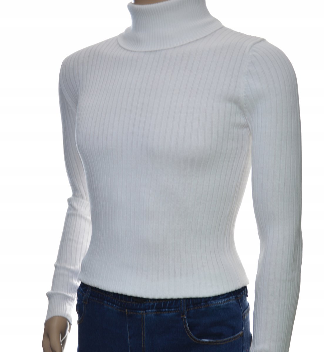 Sweter z golfem golf męski bawełniany dopasowany w prążek biały L
