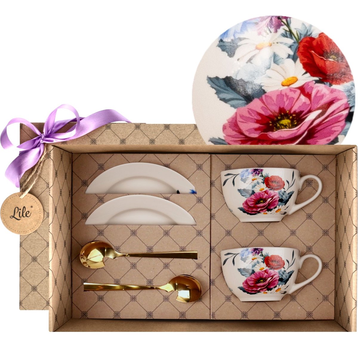 Filiżanka porcelanowa ze spodkiem i łyżeczką (zestaw 2 szt.) 245 ml zestaw prezentowy Lile Prati P35201