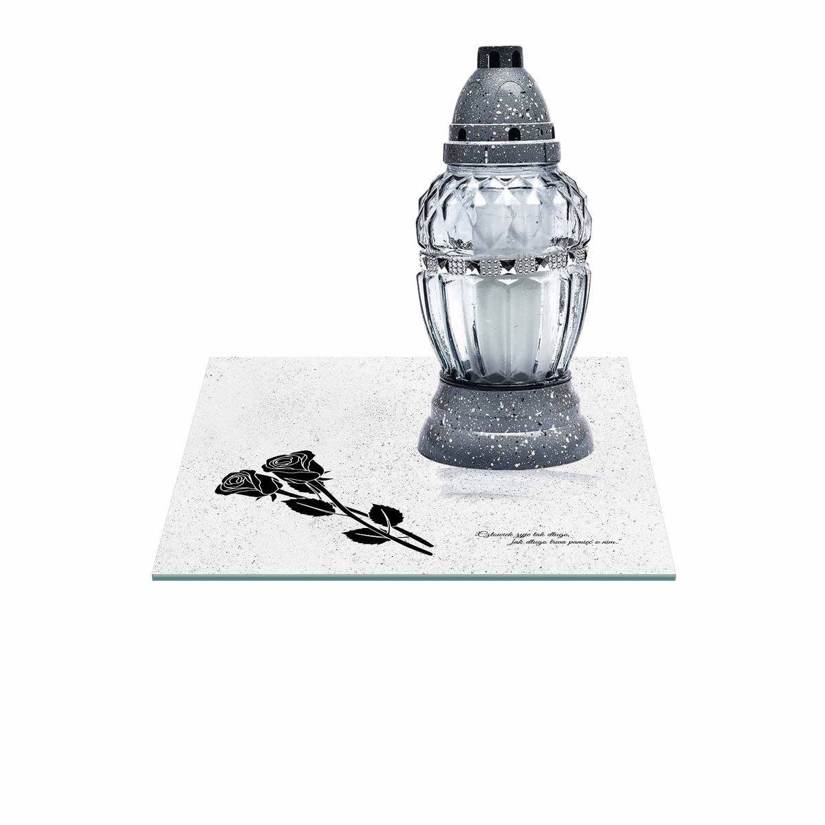 SZKLANA PODSTAWKA POD ZNICZE 25x25cm 494e + napis
