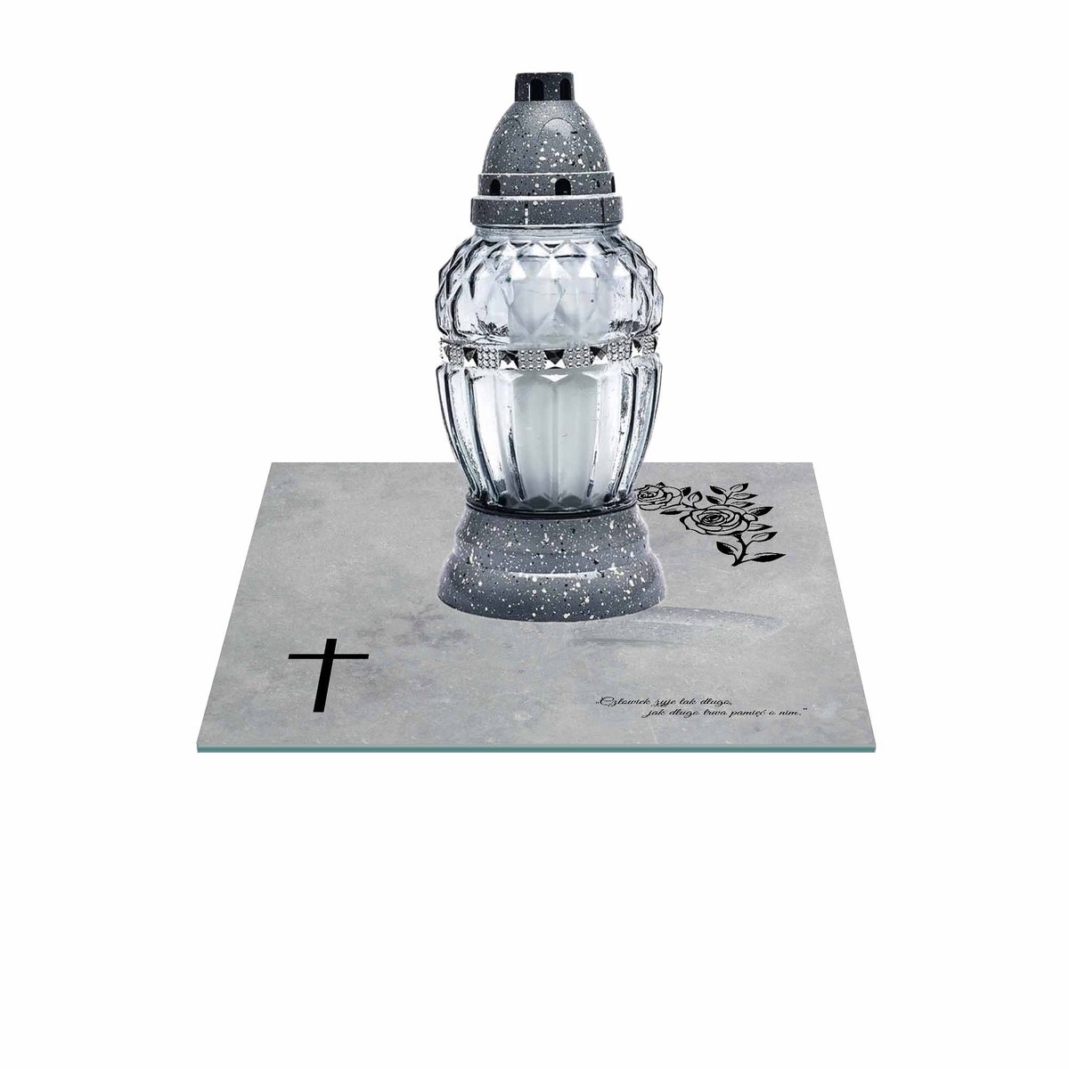 SZKLANA PODSTAWKA POD ZNICZE 25x25cm 498e + napis