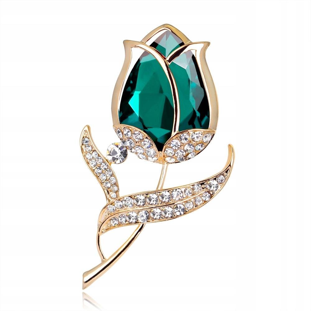 PINETS broszka kwiat RÓŻA Zielony Złoty Cyrkonie