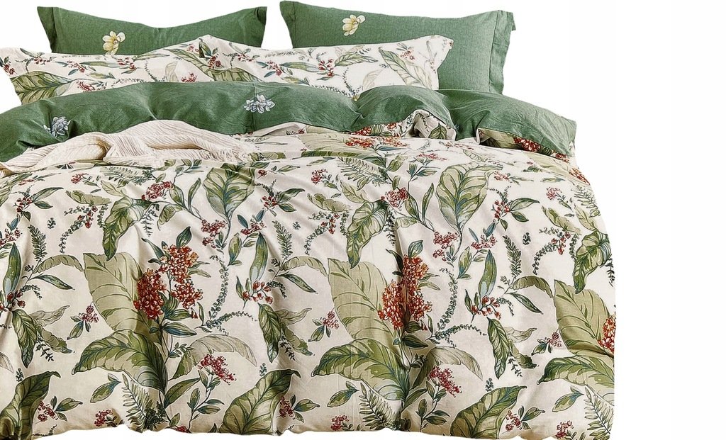 POŚCIEL 160X200 BAWEŁNA SATYNOWA + POSZEWKI KOMPLET POŚCIELI LIŚCIE