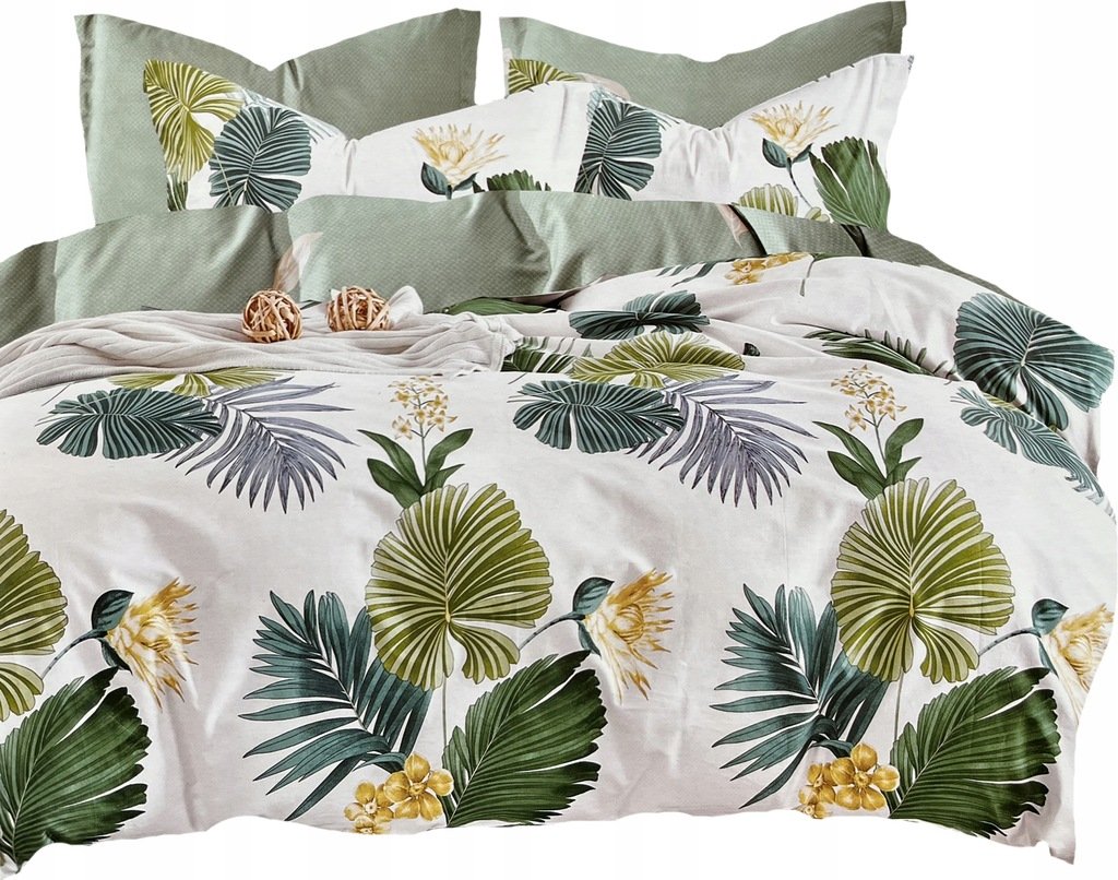 POŚCIEL 160X200 BAWEŁNA SATYNOWA + POSZEWKI KOMPLET POŚCIELI LIŚCIE