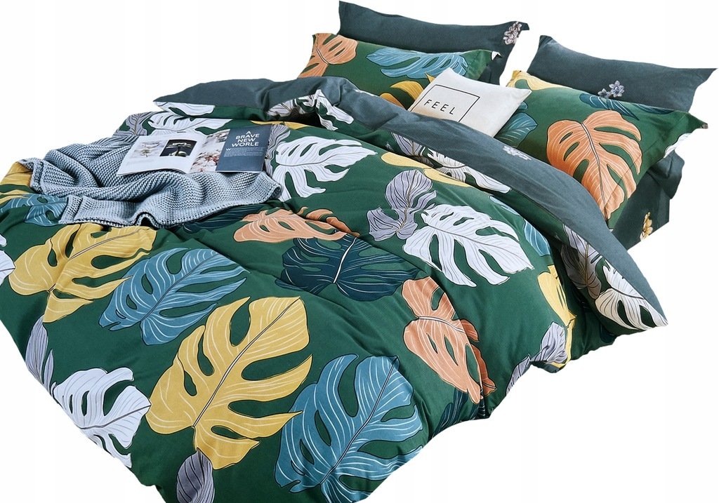 KOMPLET POŚCIELI 160X200 POŚCIEL BAWEŁNA SATYNOWA 2x POSZEWKI 70X80 LIŚCIE