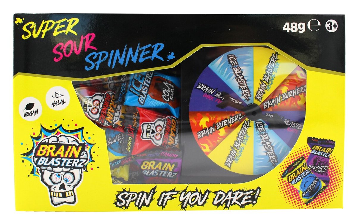 BRAIN BLASTERZ SUPER SOUR SPINNER GAME KWAŚNE SŁODYCZE ZESTAW Z GRĄ