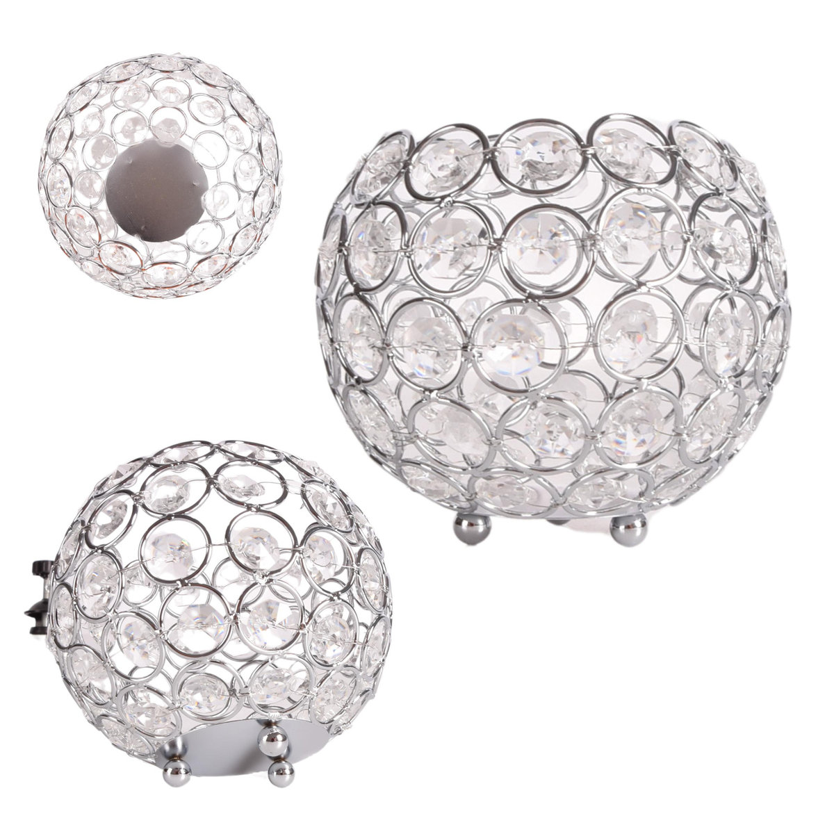 ŚWIECZNIK AŻUROWY Z KRYSZTAŁKAMI KULA LAMPION GLAMOUR NA ŚWIECZKĘ SREBRNY 12cm