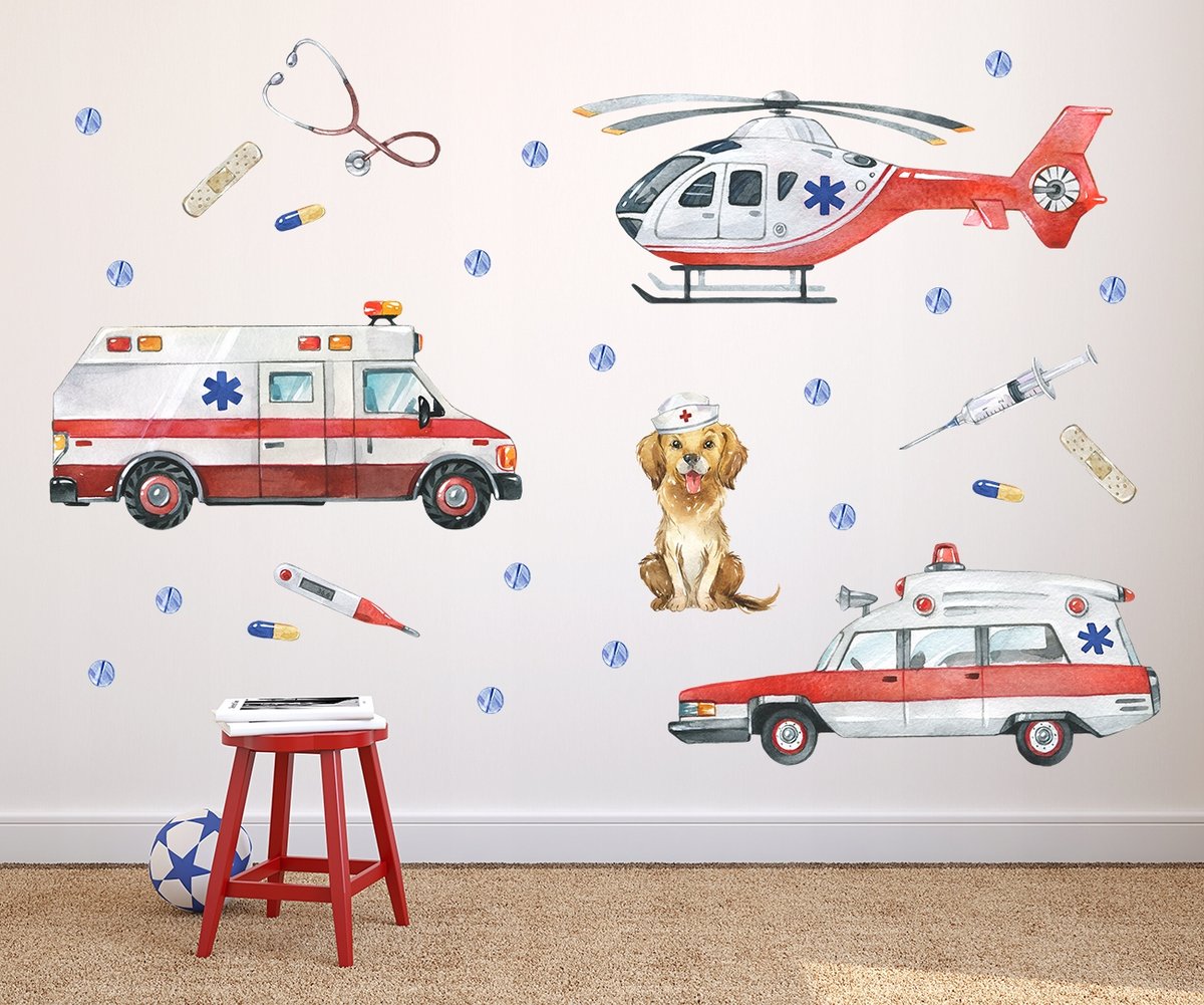 Naklejki na ścianę ambulans pogotowie karetki helikopter ratownictwo pies