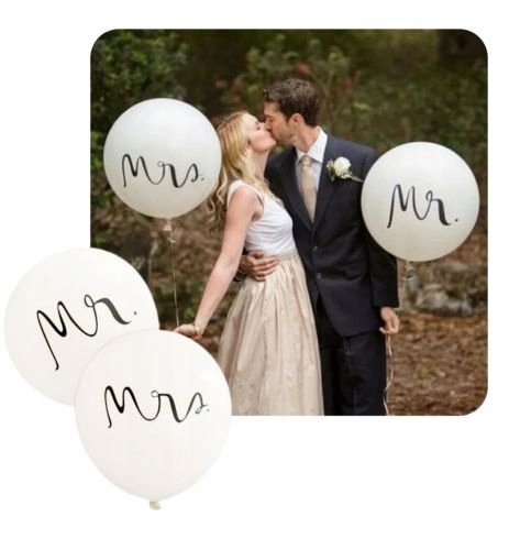 Balony Lateksowe Białe Mr&Mrs Ślub 2Szt/46Cm