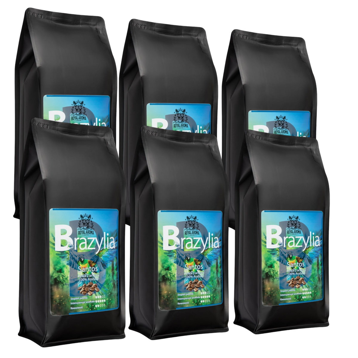 Kawa Ziarnista Brazylia Santos 1kg 6 szt. 100% Arabica Świeżo Palona Royal Aroma Coffee