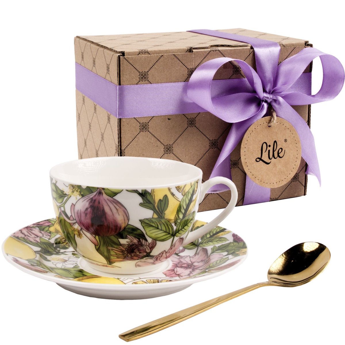 Filiżanka porcelanowa ze spodkiem i łyżeczką 195 ml w opakowaniu prezentowym Lile Citrus P36142