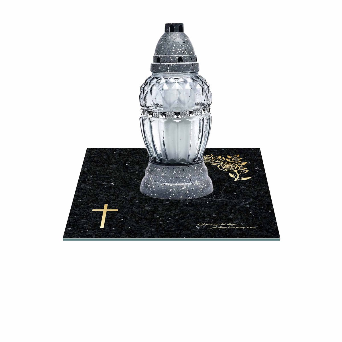 SZKLANA PODSTAWKA POD ZNICZE 30x30cm 496f + napis