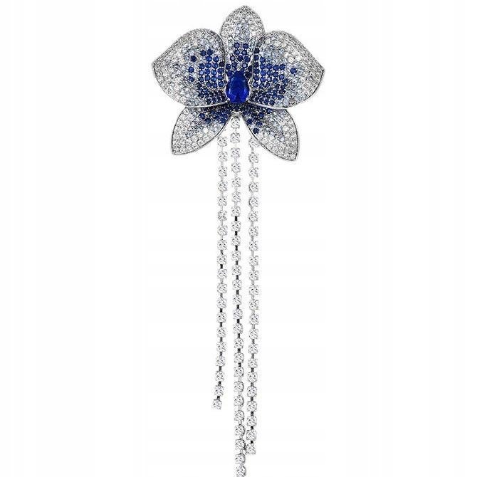 PINETS Zachwycająca Broszka Kwiat z niebieskimi cyrkoniami i łańcuszkami